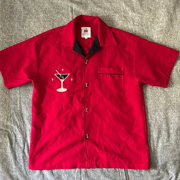 Chochie Casuals Red Bowling Shirt with Martini Embroidery Men’s XL - Picture 1 of 10